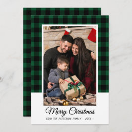 家族写真グリーンバッファロープレイドメリークリスマス カード