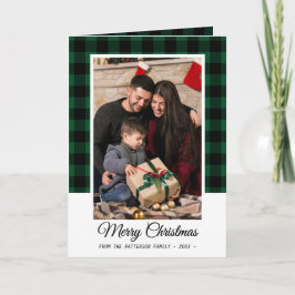 家族写真グリーンバッファロープレイドメリークリスマス カード