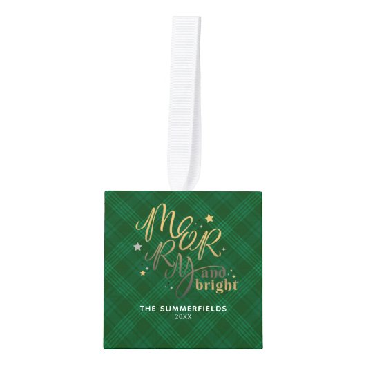 家族写真コラージュのプレイド明るいメリークリスマス キューブオーナメント (正面)