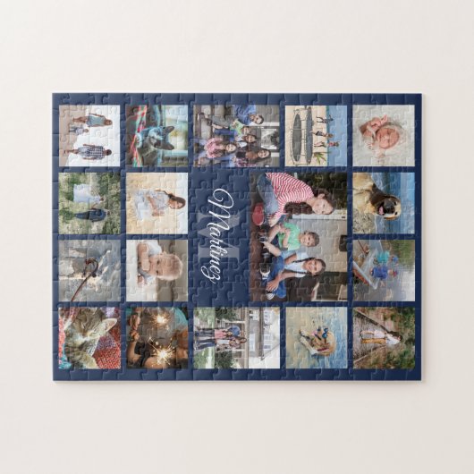 家族写真コラージュネイビーブルーモダンモノグラムの ジグソーパズル (横)