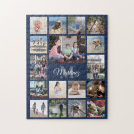 家族写真コラージュネイビーブルーモダンモノグラムの ジグソーパズル