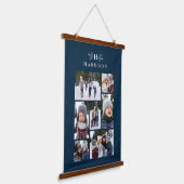 家族写真コラージュ素朴なモノグラム海軍ブルー 吊り下げ型タペストリー (傾斜あり)