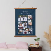 家族写真コラージュ素朴なモノグラム海軍ブルー 吊り下げ型タペストリー (寝室)