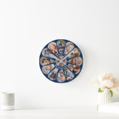 家族写真コラージュ13カスタム花形ブルー ラウンド壁時計 (ホーム)