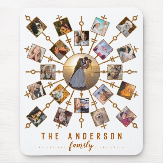 家族写真コラージュ21写真白金ゴールド+名前 マウスパッド (正面)