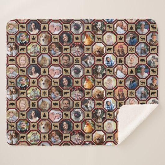 家族写真コラージュ28赤バッファロープレイドキルト シェルパブランケット (正面(横))