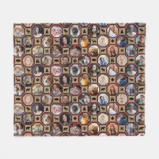 家族写真コラージュ28赤バッファロープレイドキルト フリースブランケット (正面(横))