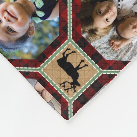 家族写真コラージュ28赤バッファロープレイドキルト フリースブランケット (角)