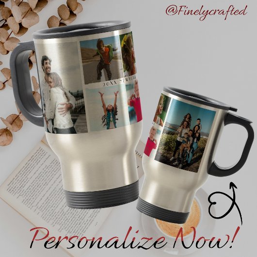 家族写真コラージュ6枚の写真とカスタム文字 トラベルマグ