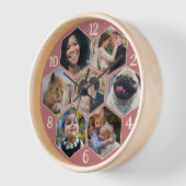 家族写真コラージュ7カスタムつピンク六角の花 壁時計 (傾斜)