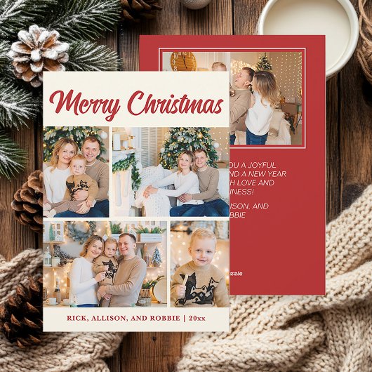 家族写真コラージュ メリークリスマス レッド シーズンカード