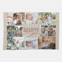 家族写真コラージュ Believe 引用句 ナチュラルベージュ キッチンタオル