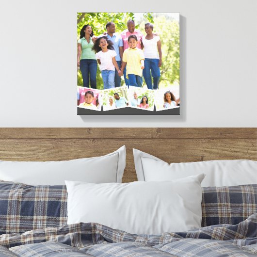 家族写真コラージュw.ジグザグフォトストリップ – グレー キャンバスプリント (インサイチュ (寝室))