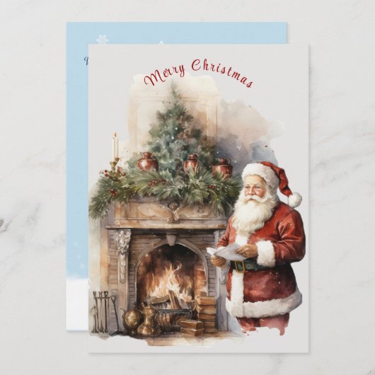 家族写真サンタクロース暖炉の雪片 シーズンカード (正面/裏面)