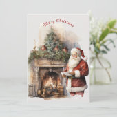 家族写真サンタクロース暖炉の雪片 シーズンカード (スタンド正面)