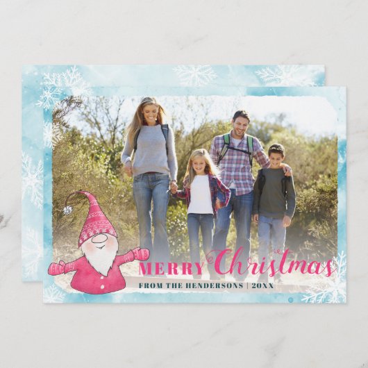 家族写真ティール（緑がかった色）ブルーピンクかわいい格言クリスマス シーズンカード (正面/裏面)