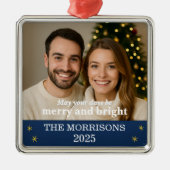 家族写真ネイビーブルーと金ゴールドスノーフレーク メタルオーナメント (正面)