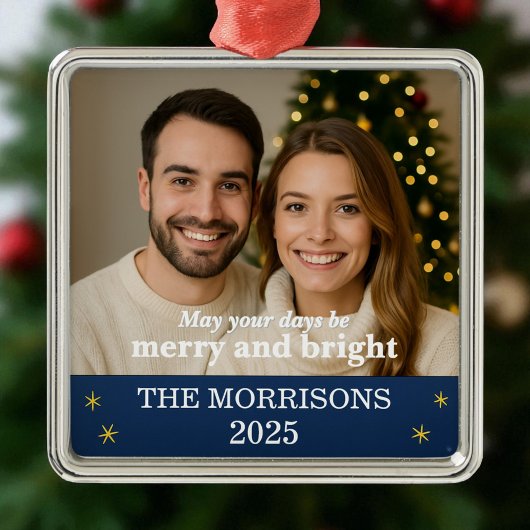 家族写真ネイビーブルーと金ゴールドスノーフレーク メタルオーナメント