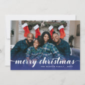家族写真ブルー書道楽しいクリスマス シーズンカード (正面)