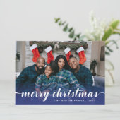 家族写真ブルー書道楽しいクリスマス シーズンカード (スタンド正面)