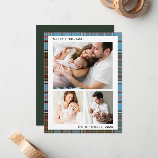 家族写真ベリークリスマスホリデーズタータンチェック ノートカード (正面/裏面インサイチュ)