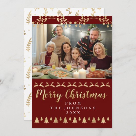 家族写真メリークリスマスゴールデンスクリプトバーガン シーズンカード (正面/裏面)