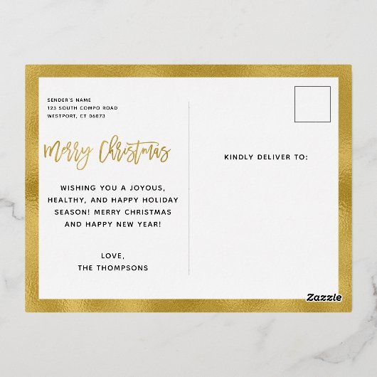 家族写真メリークリスマススクリプト金ゴールド 箔シーズンポストカード (裏面)