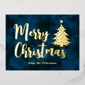 家族写真メリークリスマスツリーブルー金ゴールド 箔シーズンポストカード (正面)