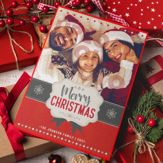 家族写真メリークリスマスレッドヴィンテージカード シーズンカード
