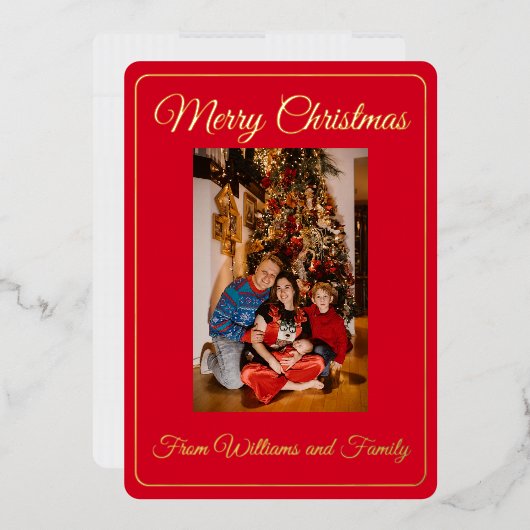 家族写真メリークリスマスレッド 箔シーズンカード (封筒)