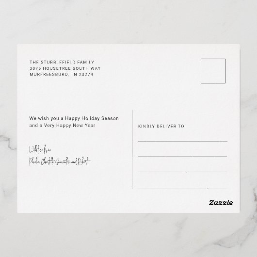 家族写真メリークリスマス書道銀色 箔シーズンポストカード (裏面)