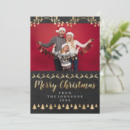 家族写真メリークリスマス金ゴールドクラフトクラシー シーズンカード (スタンド正面)