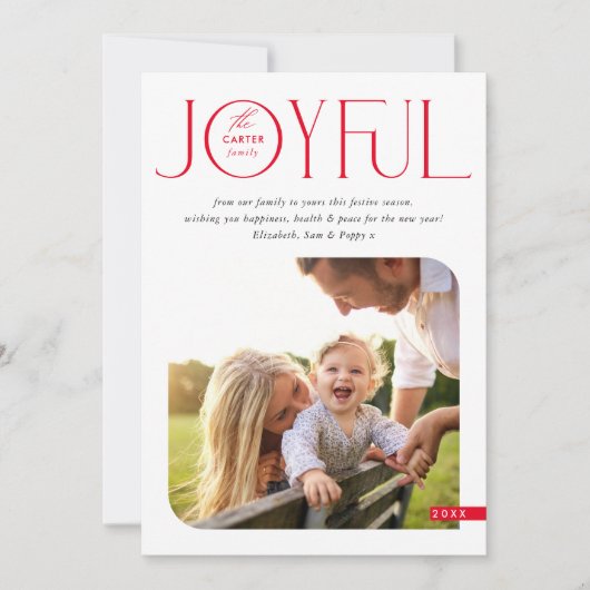 家族写真モダンタイポグラフィエレガントうれしそうな赤 シーズンカード (正面)