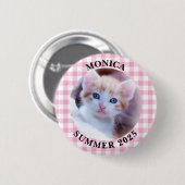 家族写真ライトピンクバッファローチェック縁ど 缶バッジ (正面&裏面)