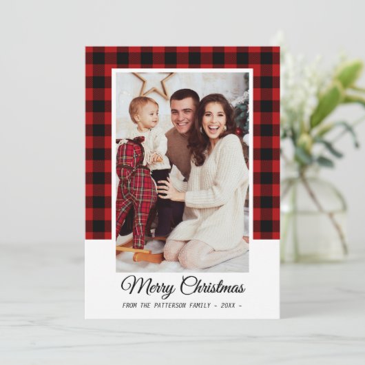 家族写真レッドバッファロープレイドメリークリスマス カード (スタンド正面)