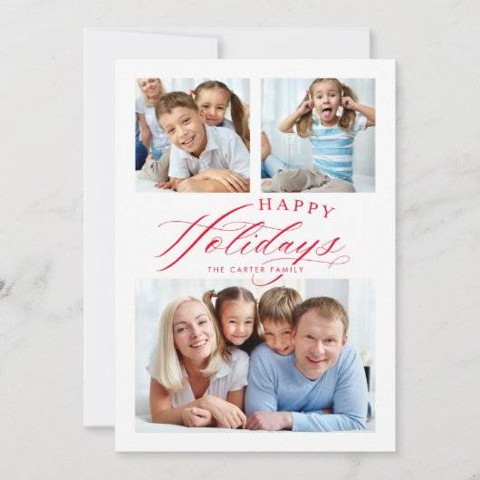 家族写真数々のハッピーホリデー書道赤 シーズンカード (正面)