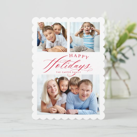 家族写真数々のハッピーホリデー書道赤 案内状 (スタンド正面)