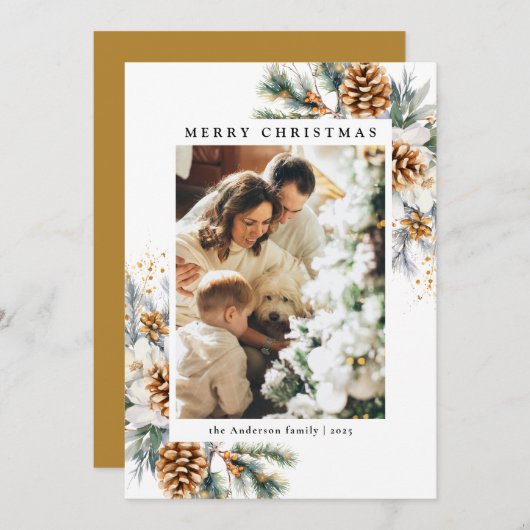 家族写真水彩植物性フローラクリスマス シーズンカード (正面/裏面)