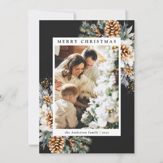 家族写真水彩植物性ブラッククリスマス シーズンカード (正面)