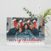 家族写真赤い書道楽しいクリスマス シーズンカード (スタンド正面)