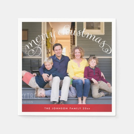 家族写真赤メリークリスマス スタンダードカクテルナプキン (正面)
