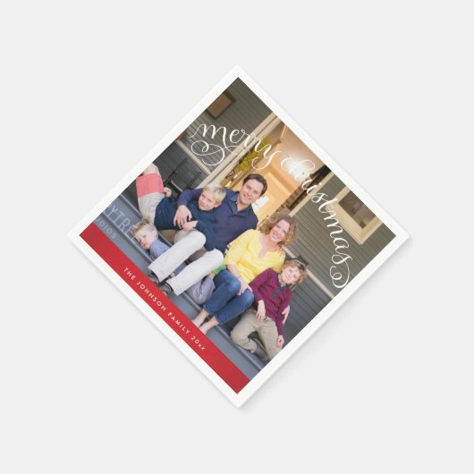 家族写真赤メリークリスマス スタンダードカクテルナプキン (角)