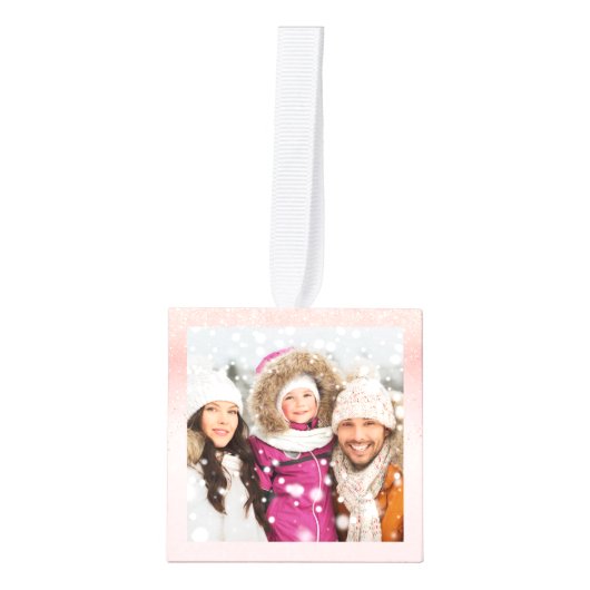 家族写真4枚メリークリスマス記念ピンク キューブオーナメント (正面)