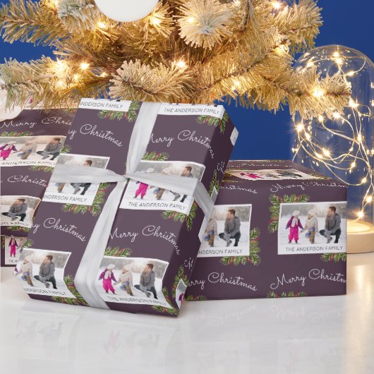 家族写真|の水彩画のマツ針のクリスマス ラッピングペーパー (クリスマス)