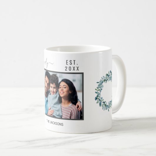 家族写真eucalyptus緑の白い名前 コーヒーマグカップ (正面右)