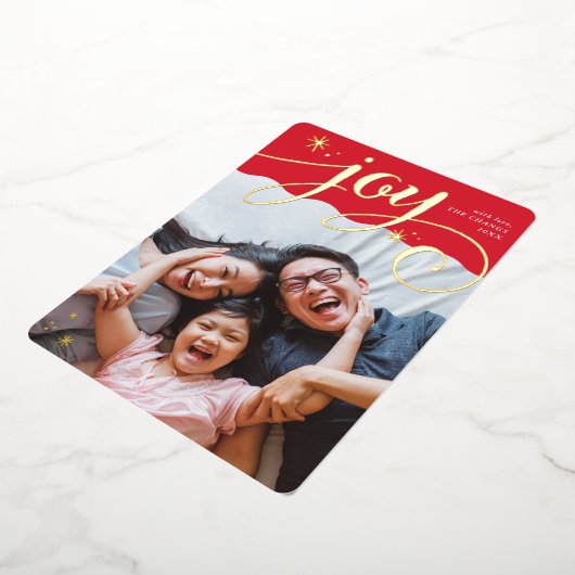家族写真JOYおもしろいお洒落書赤 箔シーズンカード (回転した状態)