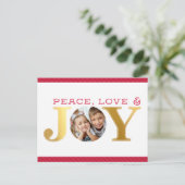 家族写真JOYシンプル赤はっきりしたとモダン金ゴールド シーズンポストカード (スタンド正面)