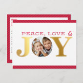 家族写真JOYシンプル赤はっきりしたとモダン金ゴールド シーズンポストカード (正面/裏面)