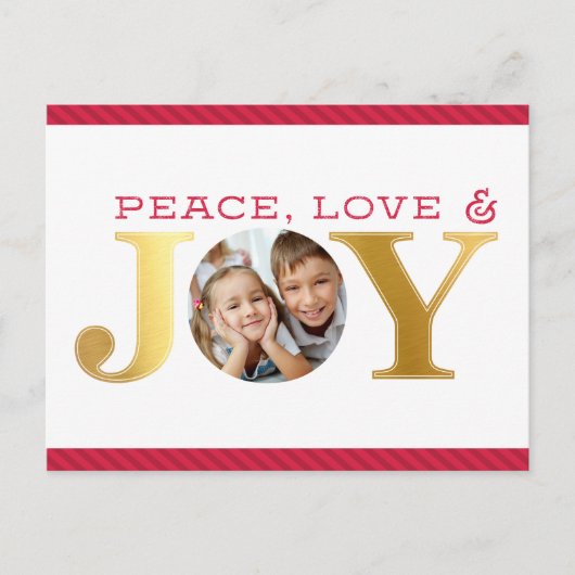 家族写真JOYシンプル赤はっきりしたとモダン金ゴールド シーズンポストカード (正面)