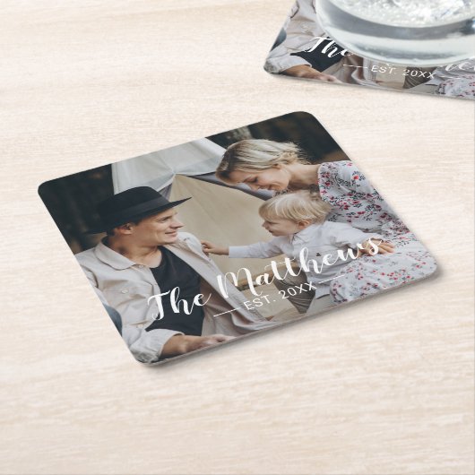 家族名と設立年を入れたオリジナル写真 スクエアペーパーコースター (アングル)